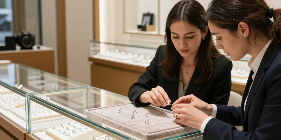 Solitaire diamond engagement ring display in jewelry store with couple being assisted.