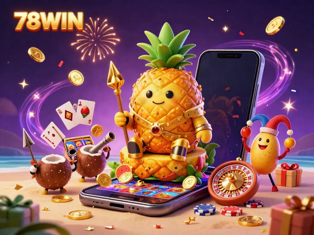 Engage with 78WIN's dynamic beach casino scene featuring the pineapple king and exciting game elements.