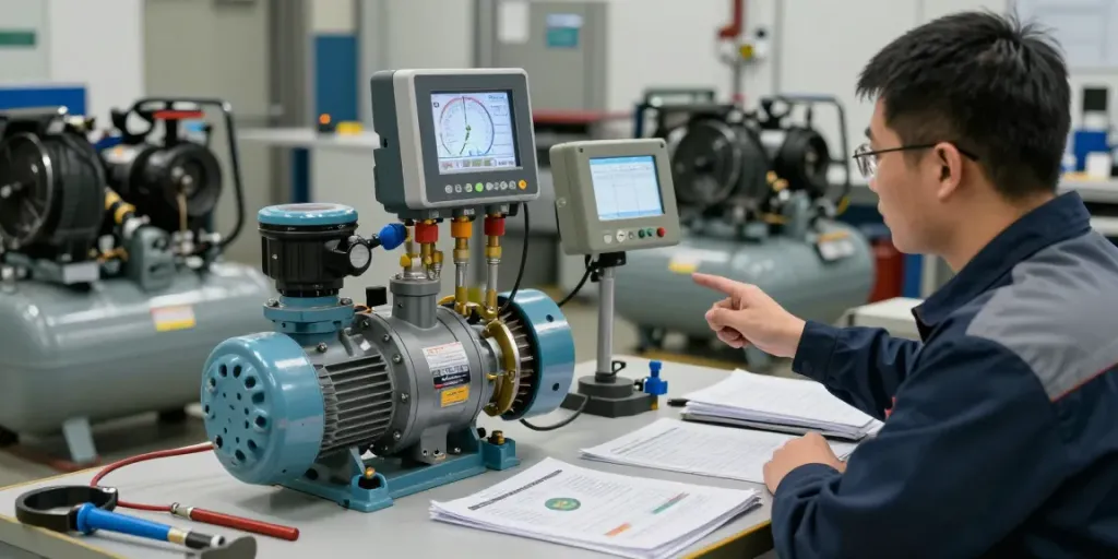 Heavy-duty water pump pressure switch being inspected in an industrial workshop.