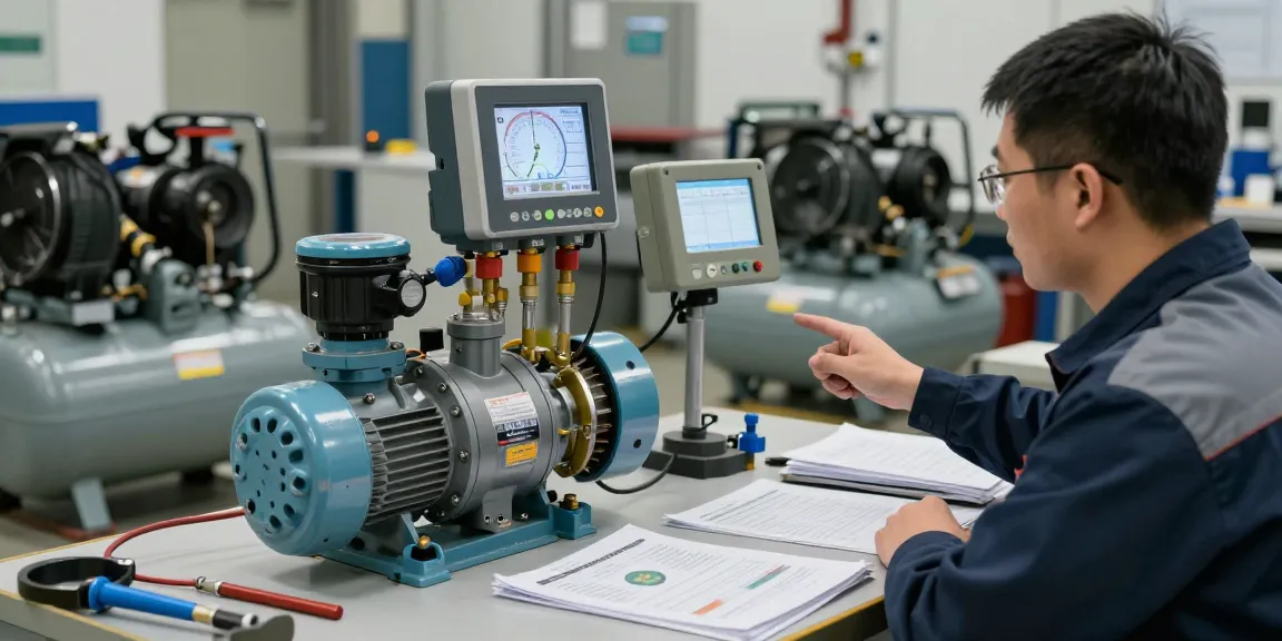 Heavy-duty water pump pressure switch being inspected in an industrial workshop.