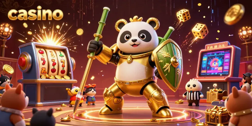 Engage in thrilling casino excitement with a mech-suit panda battling for jackpots and golden treasures.
