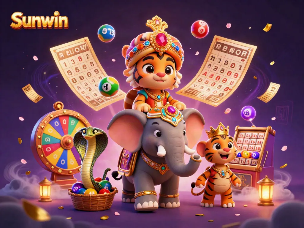 Experience the excitement of Sunwin with a vibrant, animated 3D casino scene featuring engaging game elements.