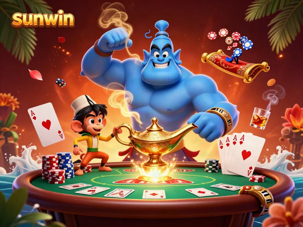 Engage with sunwin's thrilling atmosphere as a genie emerges from a lamp amidst casino elements.