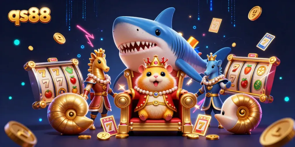qs88 casino-themed illustration with a golden hamster king and dynamic slot reels.