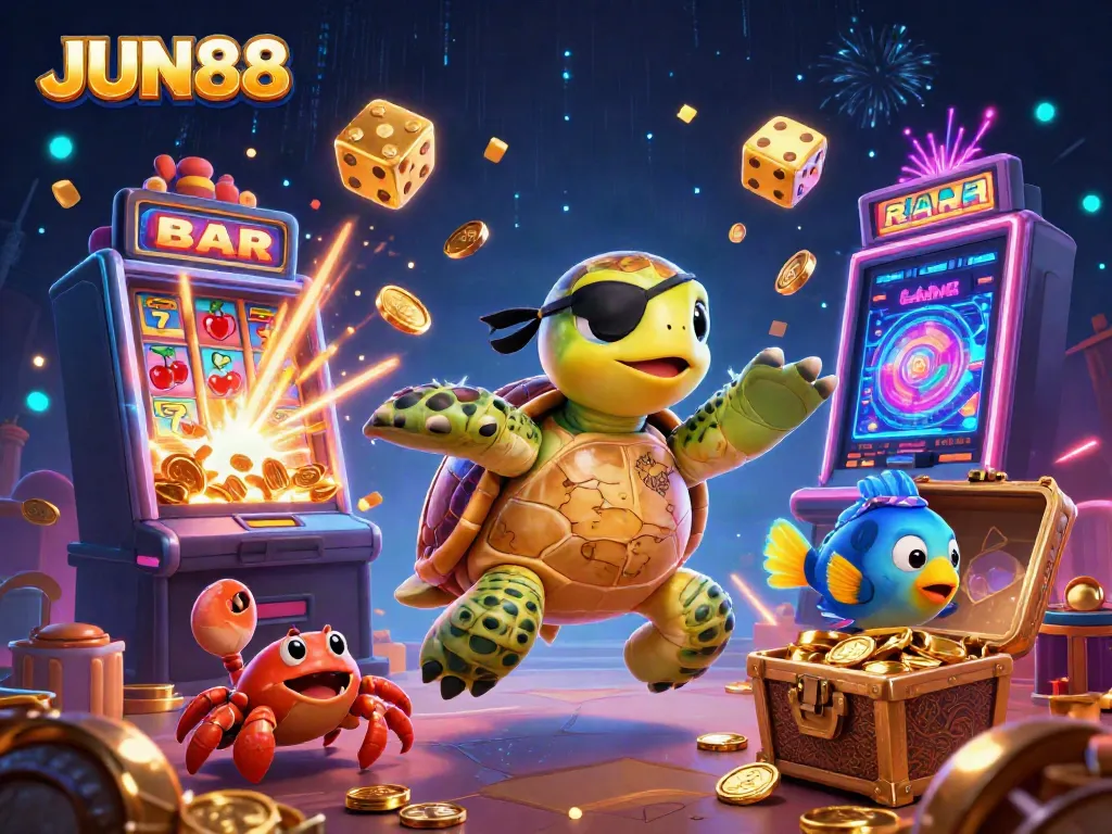 Engage with JUN88's exciting world of slots and treasure in this vibrant 3D illustration.