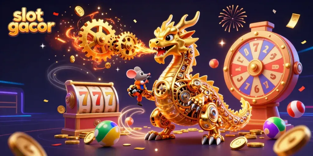 Menangkan slot gacor dengan ilustrasi naga emas yang menarik dan elemen permainan kasino.