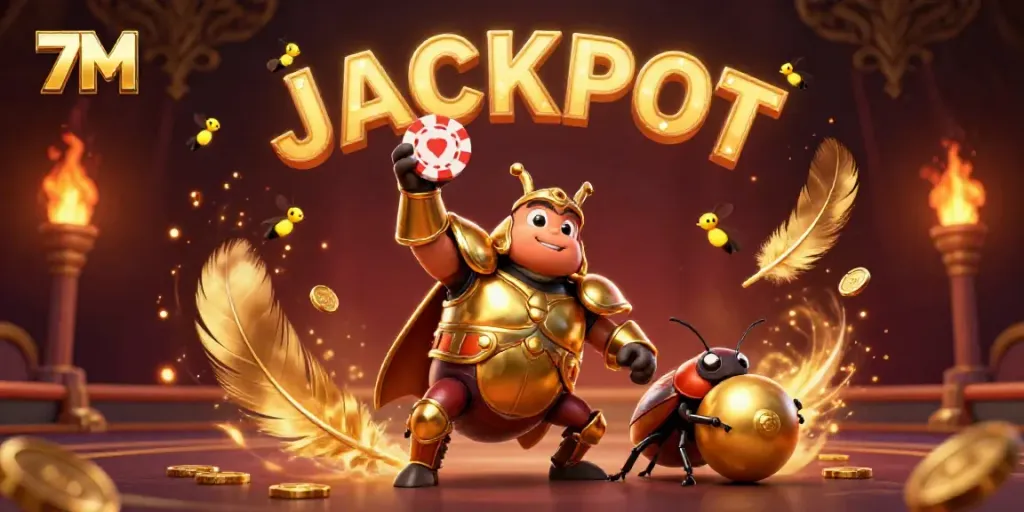 Engage with 7M's thrilling casino atmosphere featuring a victorious beetle lifting a poker chip.