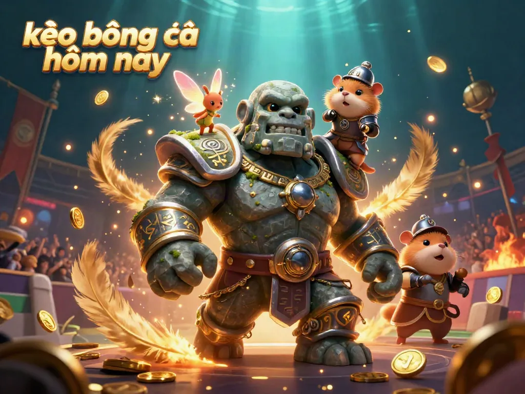 Engage with kèo bóng đá hôm nay through this captivating scene of a golem guardian and friends in a dynamic sports betting arena.