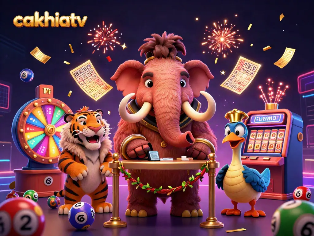 Experience excitement with cakhiatv's vibrant lottery scene featuring colorful balls and a lively bouncer.