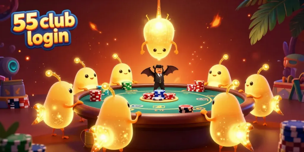 Play thrilling games with 55 club login at a vibrant online casino featuring glowworms and poker action.