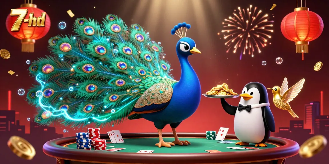Engage with the dynamic gambling world of 7-hd as a peacock and friends play lively poker amidst a festive backdrop.