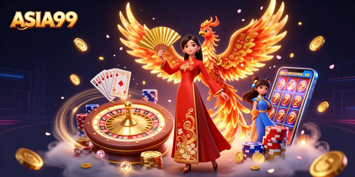 Engage with ASIA99's vibrant casino scene featuring a graceful woman, phoenix, and dynamic gaming elements.