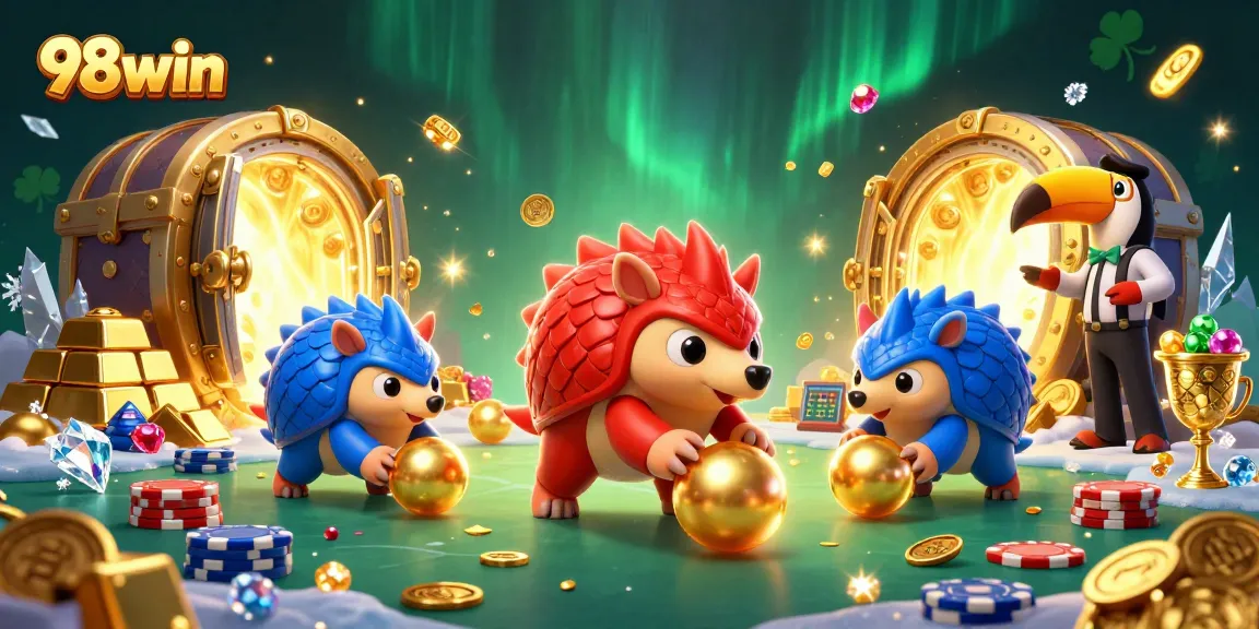 Experience thrilling gameplay with 98win as rival pangolins clash in a vibrant casino scene.