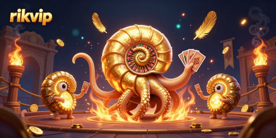 Experience the lively world of rikvip with a giant nautilus roulette and glowing ammonites in a vibrant casino scene.