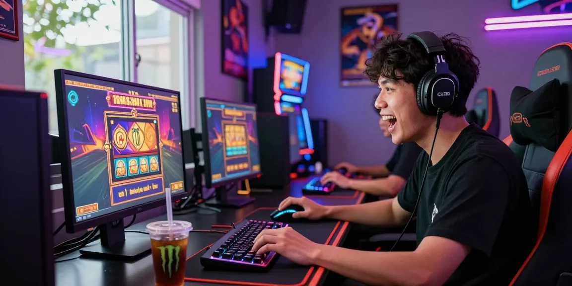 situs slot deposit 10 ribu player engaged in online gaming at a vibrant setup with colorful graphics.