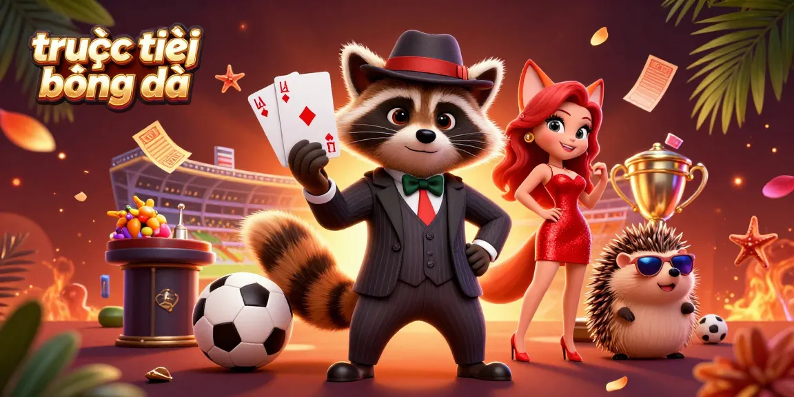Watch trực tiếp bóng đá with dynamic sports elements, featuring raccoon, fox, and hedgehog characters in action.