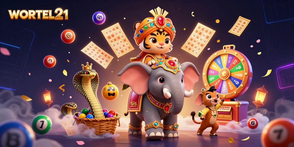 Engage with WORTEL21's vibrant gaming scene featuring a tiger maharaja and an elephant amidst lottery excitement.