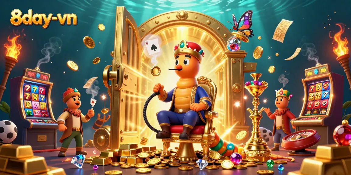 Engage in thrilling gameplay at 8day-vn with vibrant casino elements in a cartoonish illustration.
