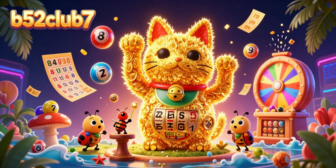 Play and win big at b52club7 with an illustrated scene of colorful casino elements and a lucky cat.