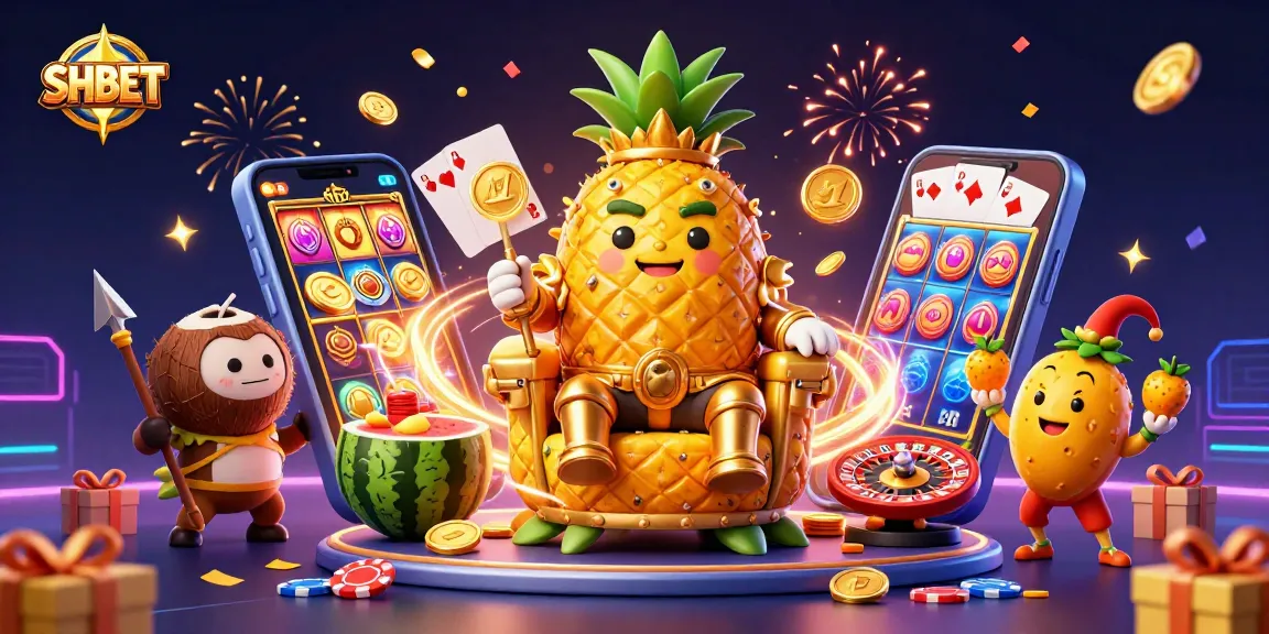 Engage with SHBET's vibrant gaming scene featuring a golden pineapple king and casino elements.