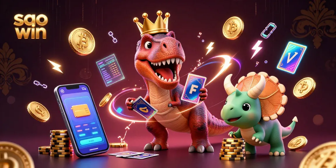 Experience exciting gameplay with Saowin as a T-Rex shuffles cards amidst glowing crypto coins and vibrant casino elements.