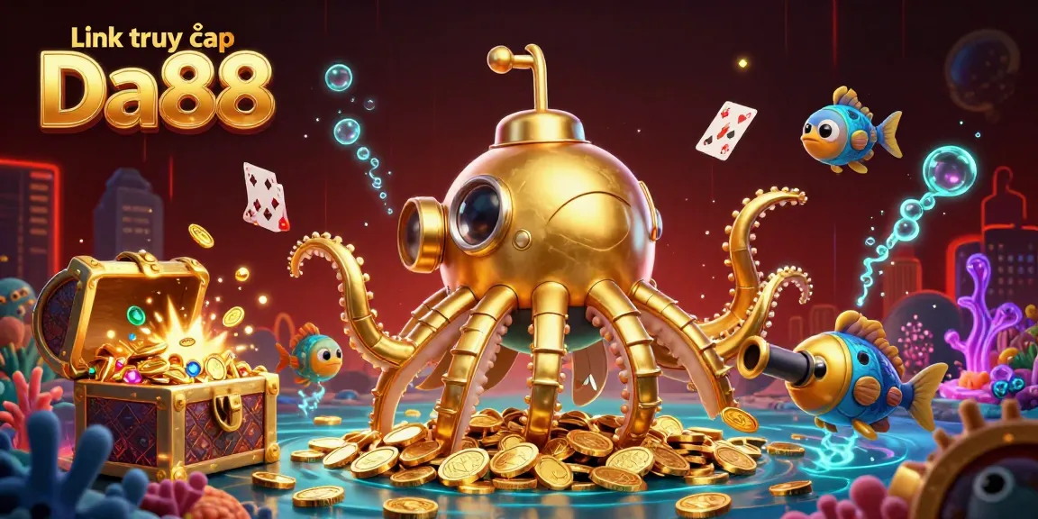 Experience thrilling games at Link truy cập Da88, with playful kraken and treasure in a vibrant underwater casino scene.