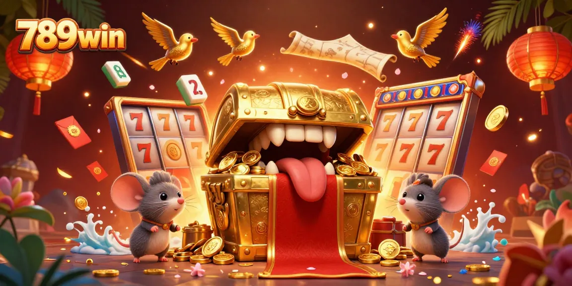 A dynamic gaming scene with 789win's treasure chest and slot elements engaging players in casino action.