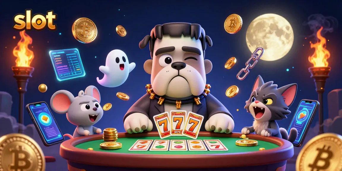 Spin slots with a cartoon dog dealer and ghost mouse amidst gold coins and neon effects.