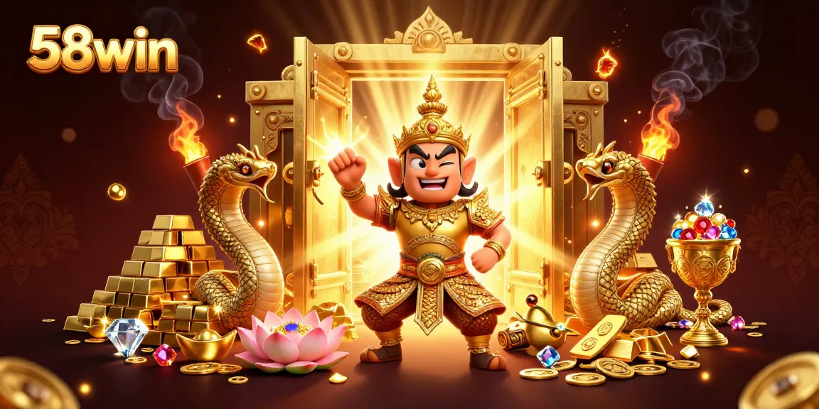 Win big with 58win in this lively illustration showcasing gold and gems.