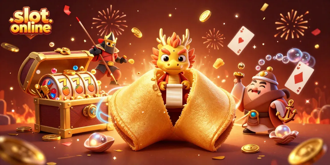 Experience thrilling slot online excitement with golden fortune cookie characters and winning symbols.