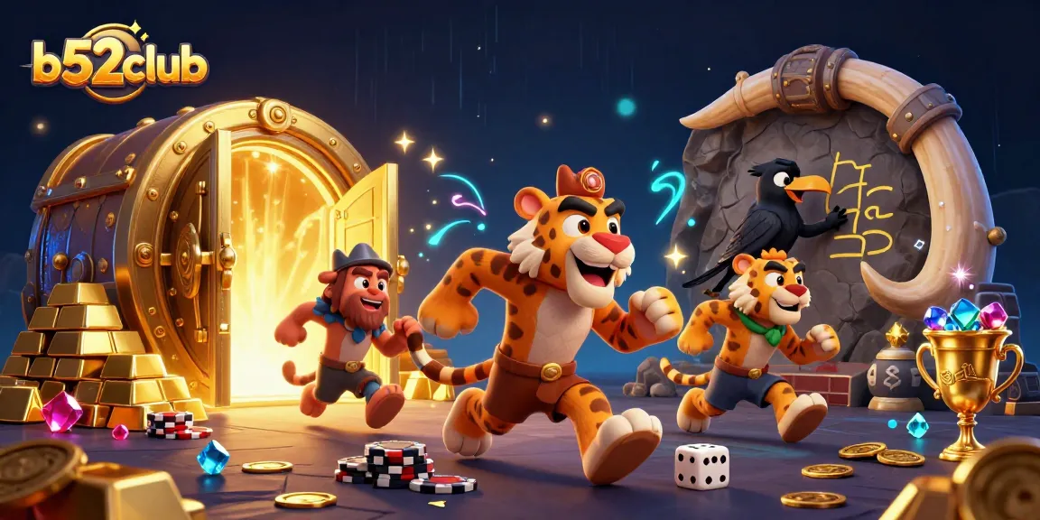 Experience b52club's thrilling casino atmosphere with vibrant characters and dazzling treasures.