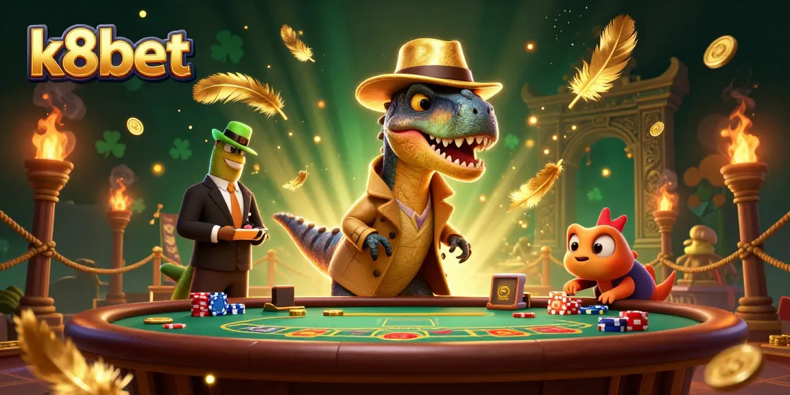 K8bet shows a velociraptor card counter at a casino table surrounded by exciting gaming elements.