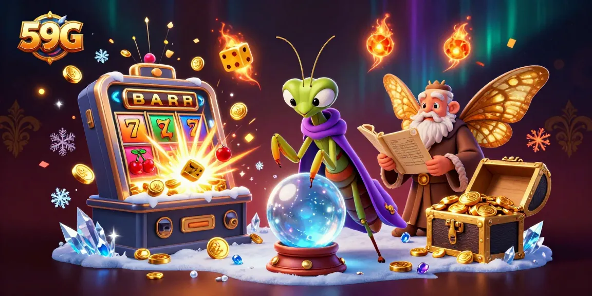 Experience the magic of 59G with a vibrant 3D illustration featuring a fortune teller and coins bursting from a slot machine.