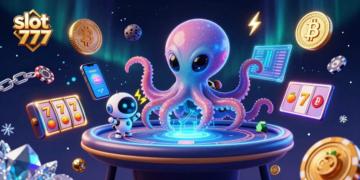 Play exciting games with slot 777 in a vibrant 3D casino scene featuring an alien octopus with poker elements.
