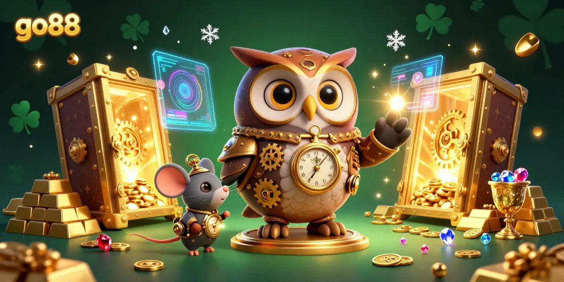 Engage in exciting gameplay at go88, illustrated with cartoon owl and casino treasures.