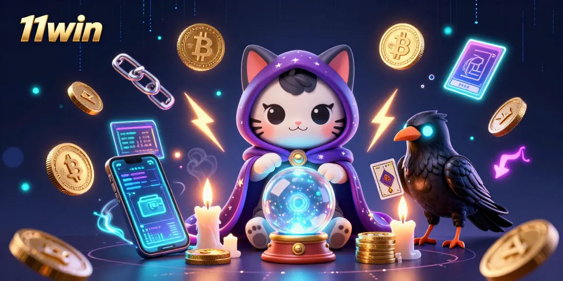 Experience thrilling gaming at 11win with mystical characters and vibrant crypto elements in a captivating 3D illustration.