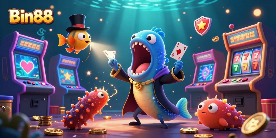 Engage with Bin88 as a bioluminescent eel performs card tricks amid a vibrant casino setting.