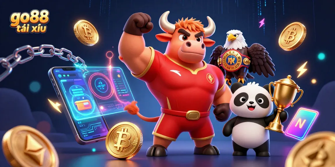 Engage with go88 tài xỉu while celebrating wins alongside charismatic characters and vibrant crypto elements.