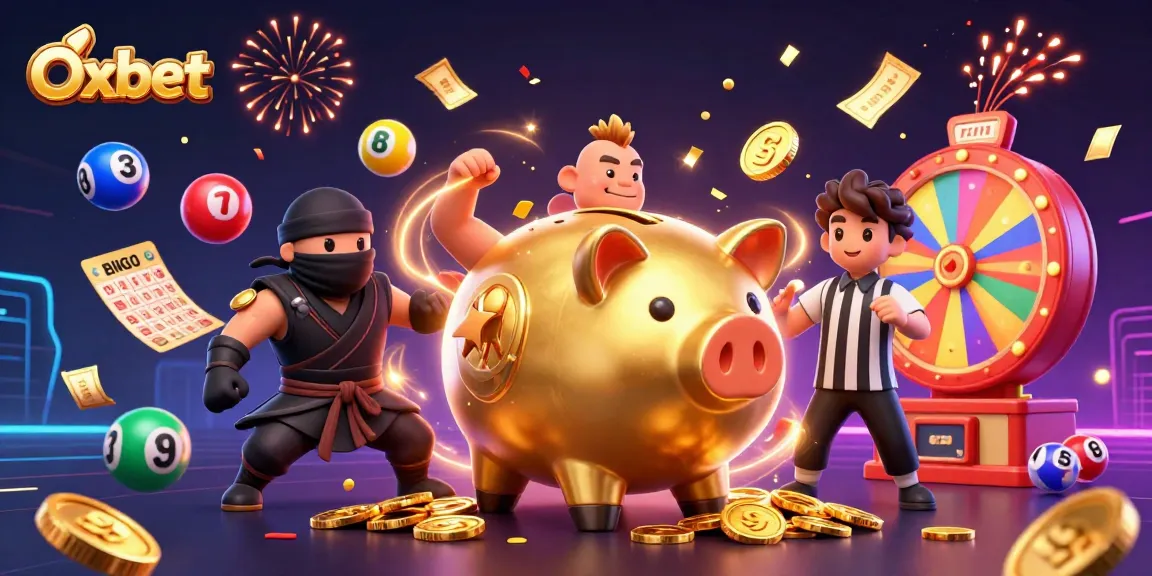 Oxbet casino scene featuring a dynamic competition between a golden piggy bank sumo and a wallet-ninja.