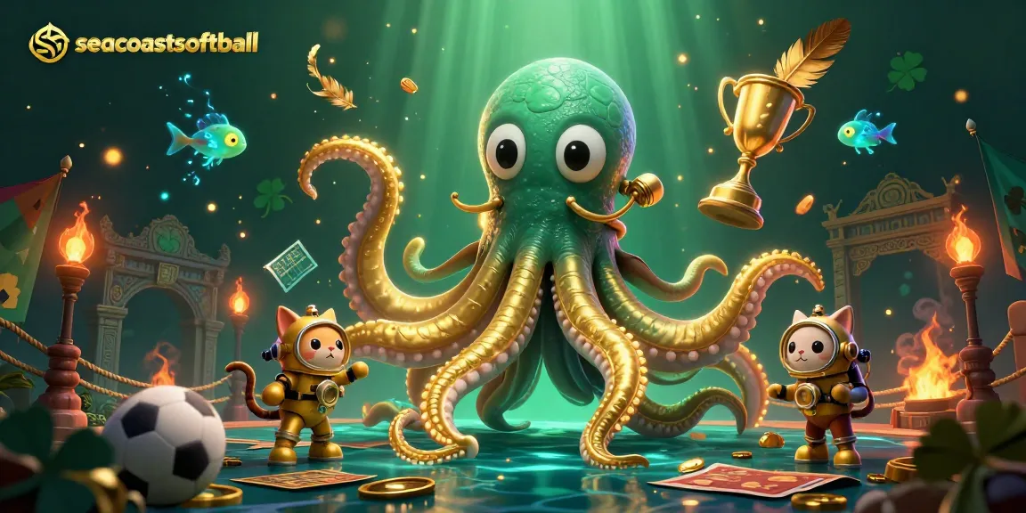 Seacoastsoftball features a colossal kraken amidst a vibrant sports betting scene with trophies and coins.