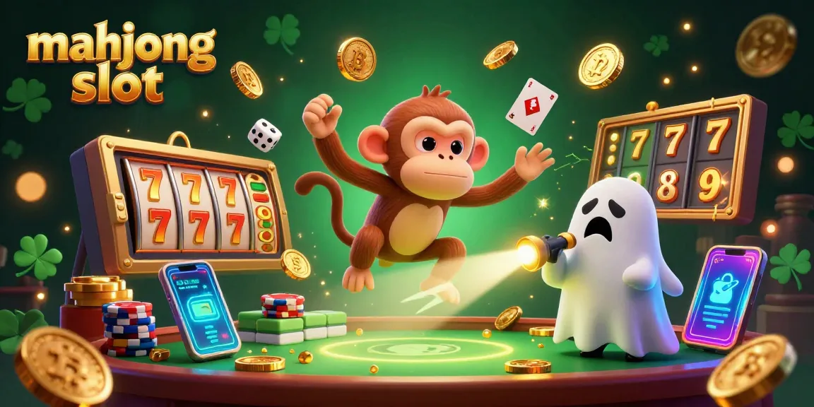 Engage with the exhilarating mahjong slot experience through a vibrant 3D illustration showing a playful monkey and ghost-hunter puppy.