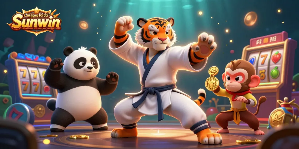 Cổng game bài đổi thưởng Sunwin showcases a 3D casino scene with characters engaging in fun gaming activities amidst vibrant visuals.