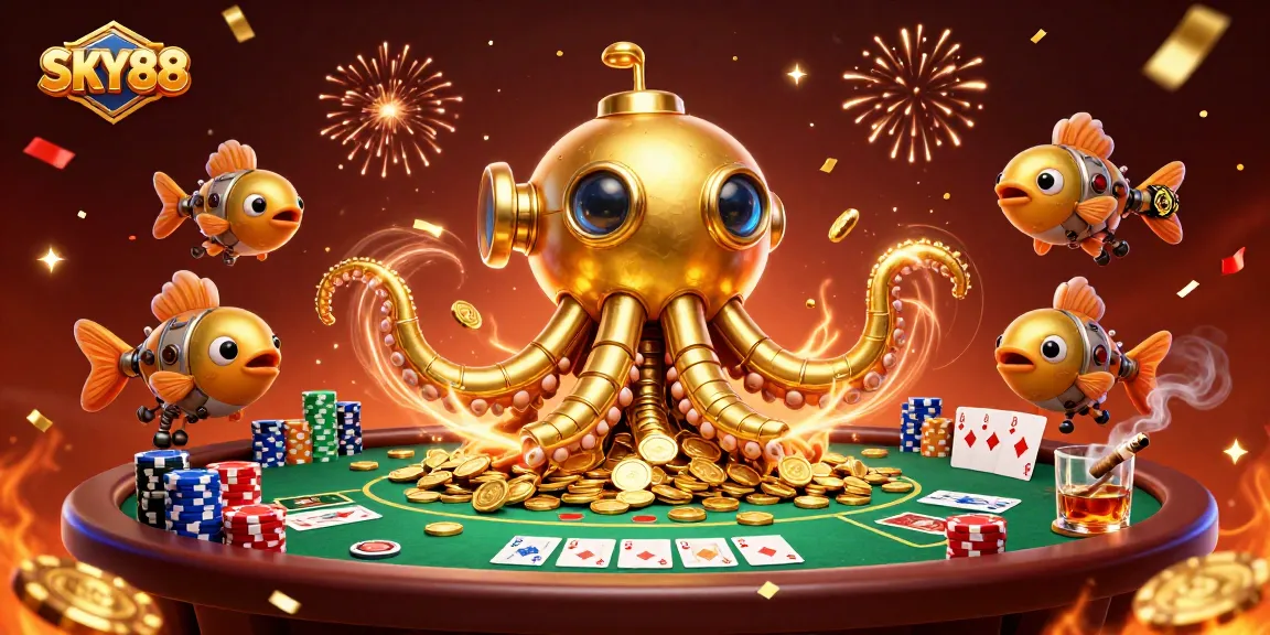 Engage in exhilarating gameplay at SKY88 with a dynamic scene of poker action, gold coins, and festive energy.