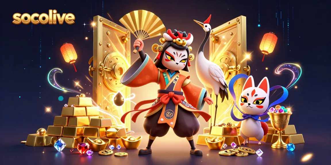 Socolive showcases a vibrant 3D illustration with kabuki warriors and golden treasures amid dynamic casino elements.