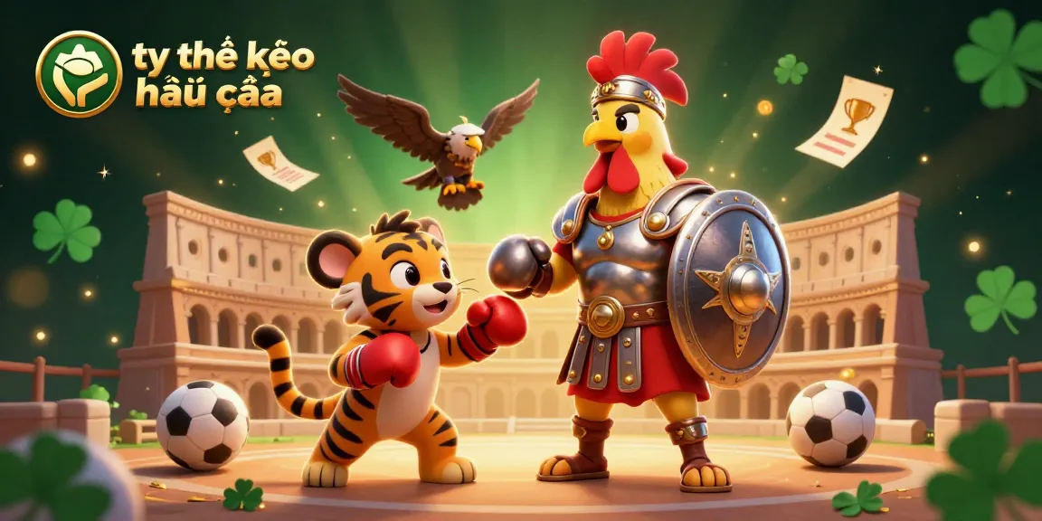 Engage with tỷ lệ kèo nhà cái as a 3D gladiator rooster and sparring tiger cub embody sports betting excitement.