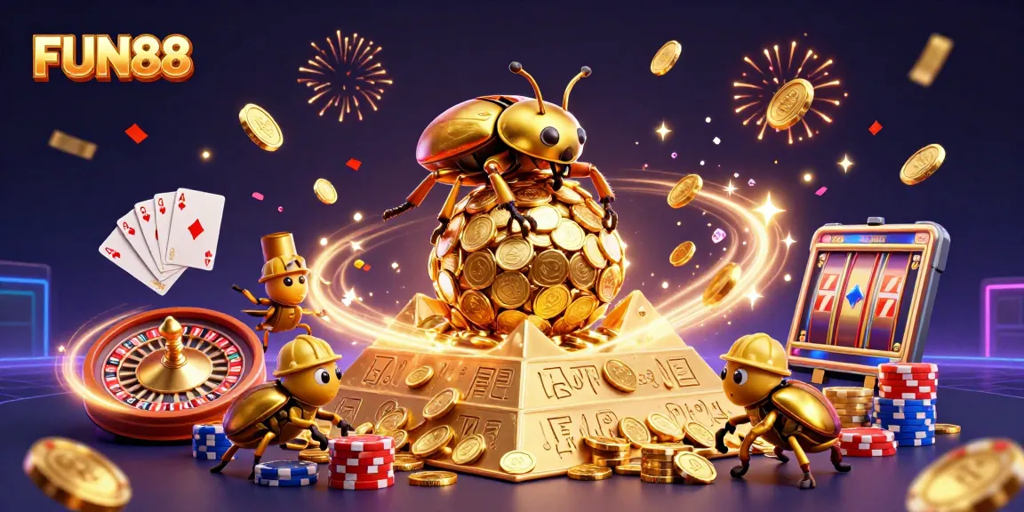Join the FUN88 adventure with a golden dung beetle rolling coins and casino symbols.