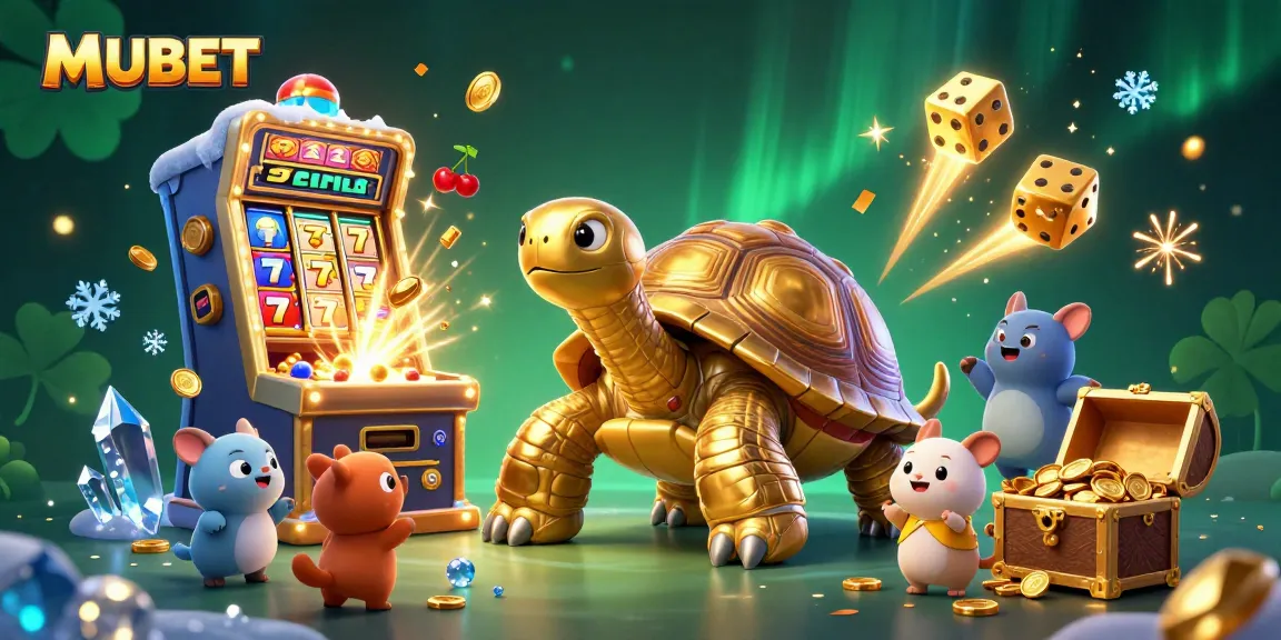 MUBET showcases a colossal tortoise pinball machine in an exciting casino scene filled with jackpots.