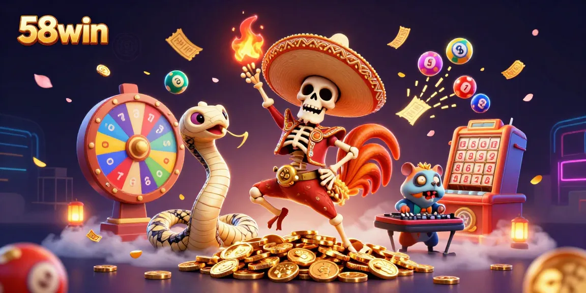 Enjoy thrilling gaming action at 58win with vibrant cartoon characters celebrating on a pile of coins.