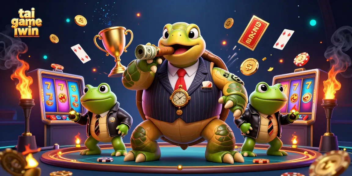 Engage in tai game iwin with a vibrant 3D casino scene of characters surrounded by slots and gold coins.