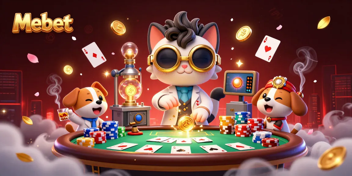 Engage with Mebet's vibrant scene showcasing exciting poker action and animated characters in a casino setting.
